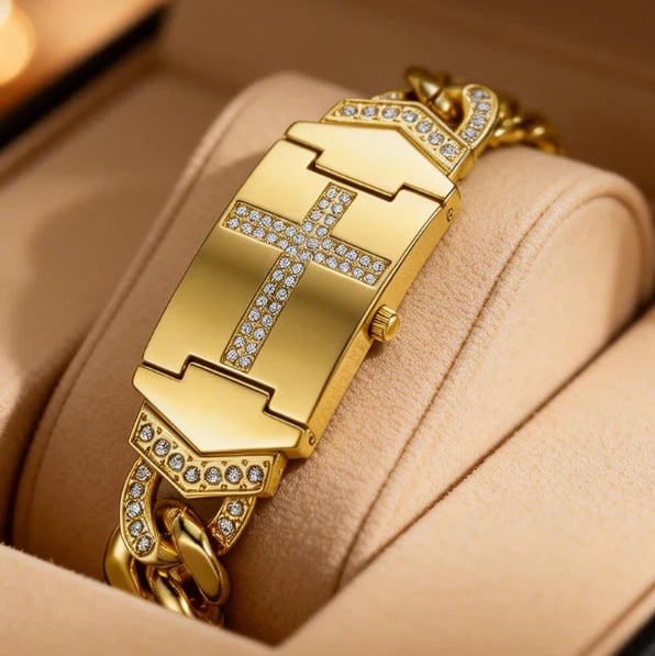 Sparkling Crystal Cross Watch—Geometric Rectangular Dial, Premium Metal Strap💎