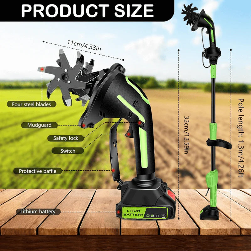 Aureove Multifunctional 2-in-1 Cordless Tiller & Cultivator with Telescopic Pole