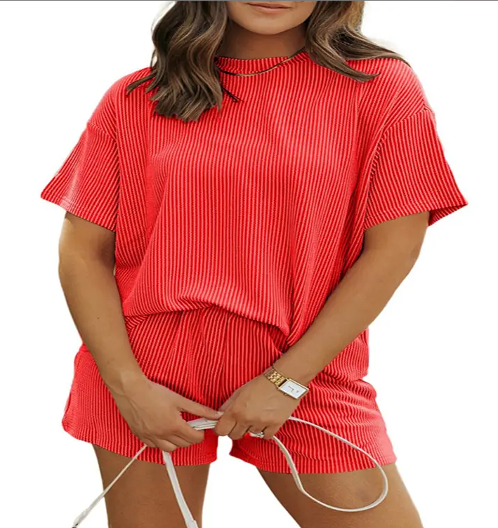 Women's 2 Piece Outfits Summer Tracksuit Ribbed Textured Knit