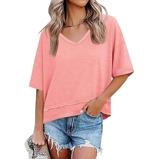 Womens Summer V Neck T Shirts Casual Short Sleeve Flowy Tops Cute Loose Fit Basic Tees Summervibes