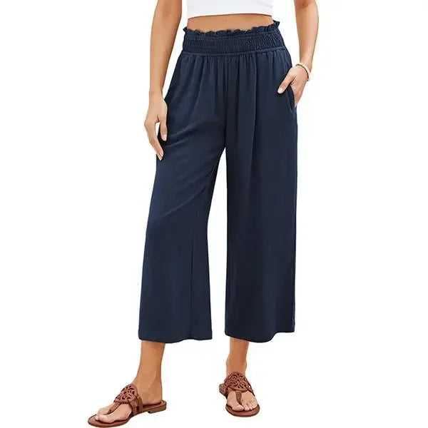 Linen Wide Leg Pants for Women - High Waisted Smocked Summer Beach Trousers