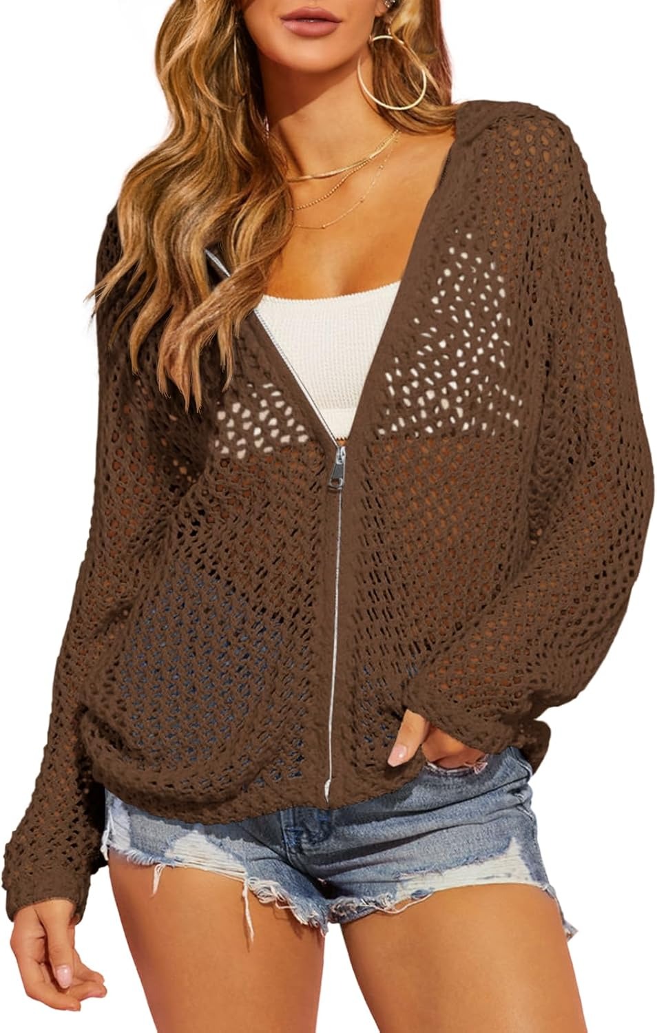 Women's Double-Zipper Crochet Hooded Cardigan | Lightweight Summer Knit Sweater