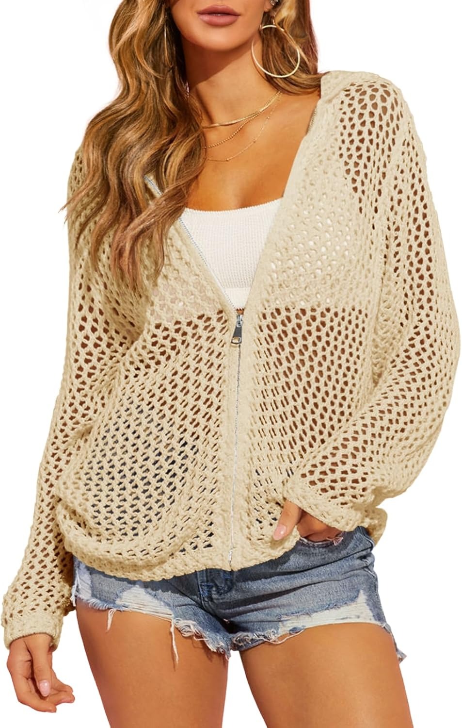 Women's Double-Zipper Crochet Hooded Cardigan | Lightweight Summer Knit Sweater