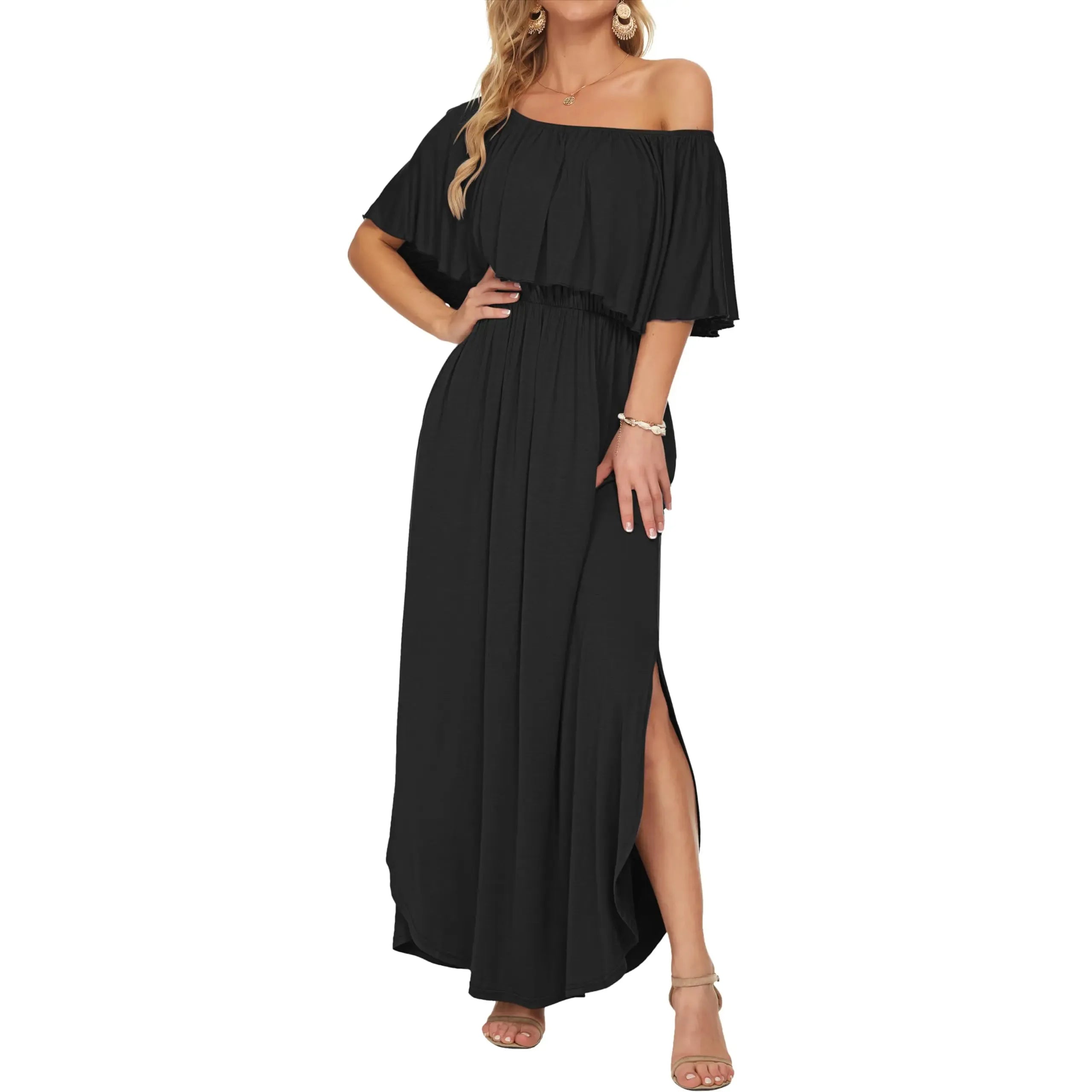 Women's Plus Size Off-Shoulder Maxi Dress with Pockets