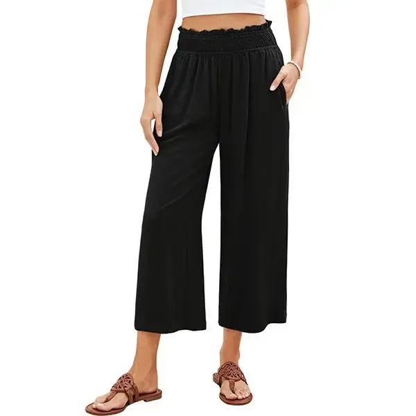 Linen Wide Leg Pants for Women - High Waisted Smocked Summer Beach Trousers