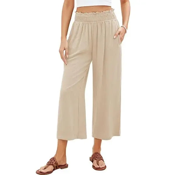 Linen Wide Leg Pants for Women - High Waisted Smocked Summer Beach Trousers