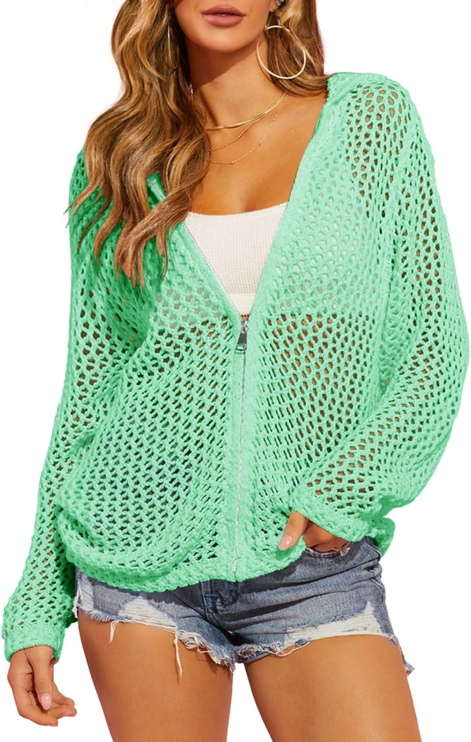 Women's Double-Zipper Crochet Hooded Cardigan | Lightweight Summer Knit Sweater