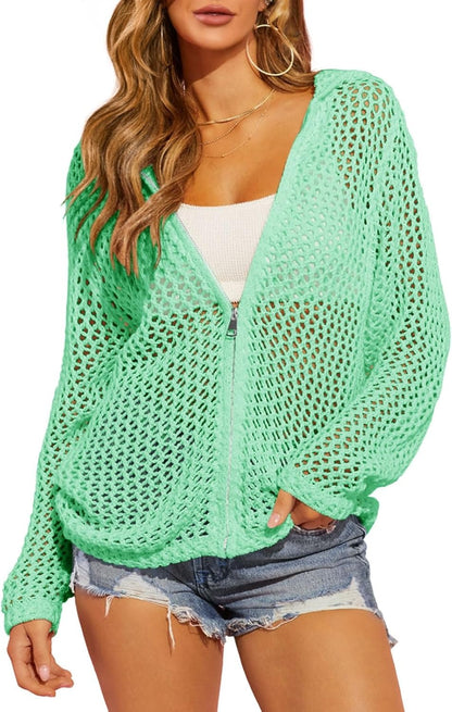 Women's Double-Zipper Crochet Hooded Cardigan | Lightweight Summer Knit Sweater
