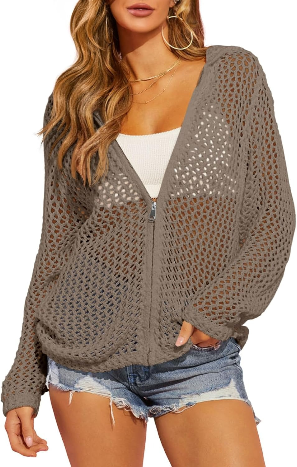 Women's Double-Zipper Crochet Hooded Cardigan | Lightweight Summer Knit Sweater