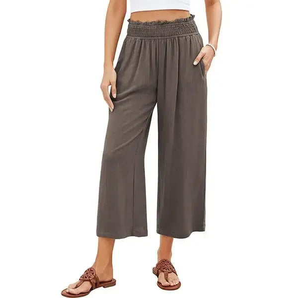Linen Wide Leg Pants for Women - High Waisted Smocked Summer Beach Trousers