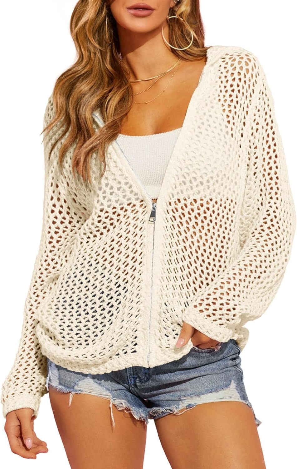 Women's Double-Zipper Crochet Hooded Cardigan | Lightweight Summer Knit Sweater