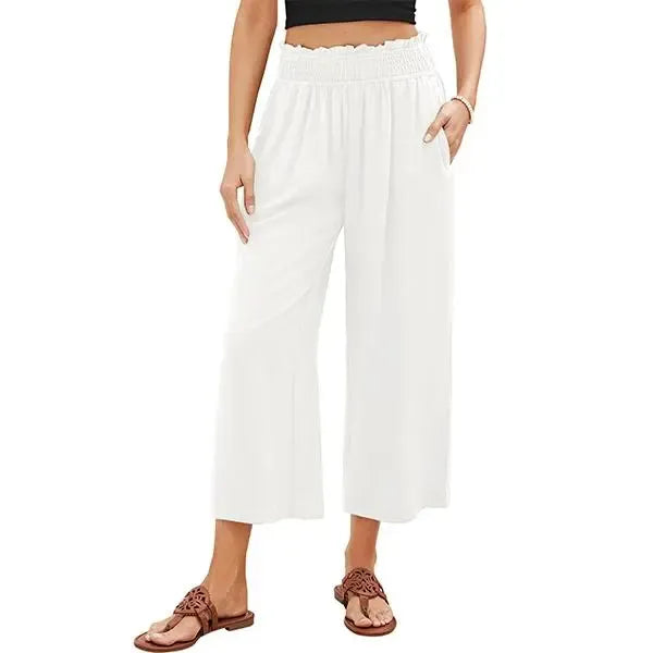 Linen Wide Leg Pants for Women - High Waisted Smocked Summer Beach Trousers