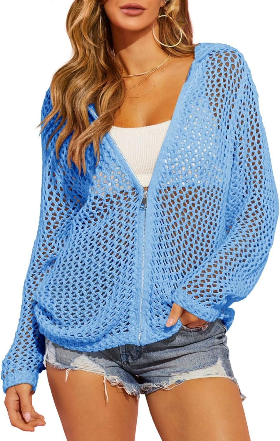 Women's Double-Zipper Crochet Hooded Cardigan | Lightweight Summer Knit Sweater