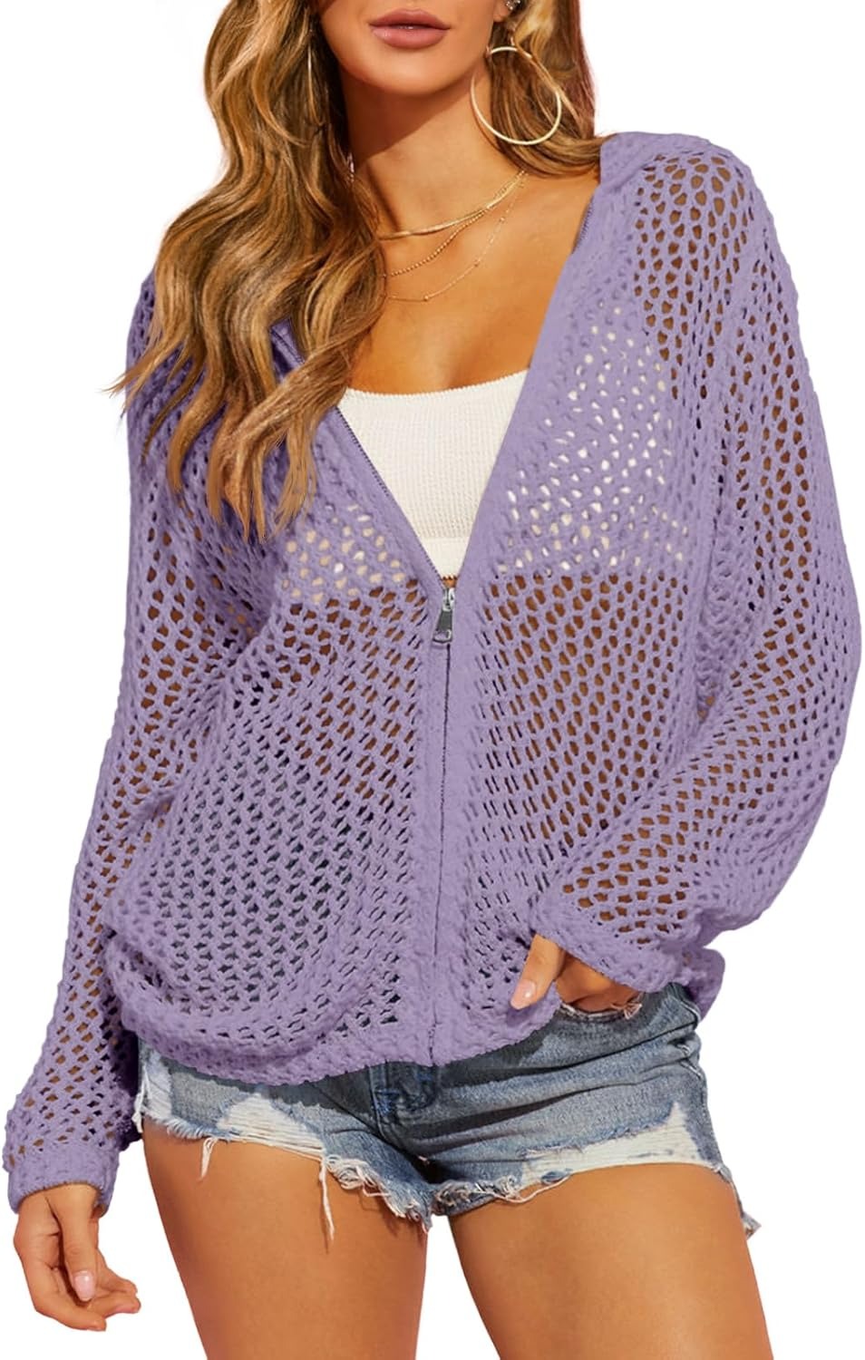 Women's Double-Zipper Crochet Hooded Cardigan | Lightweight Summer Knit Sweater