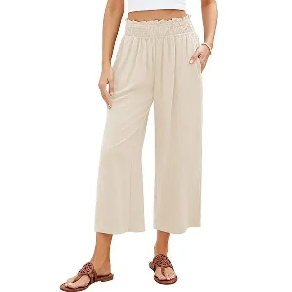 Linen Wide Leg Pants for Women - High Waisted Smocked Summer Beach Trousers