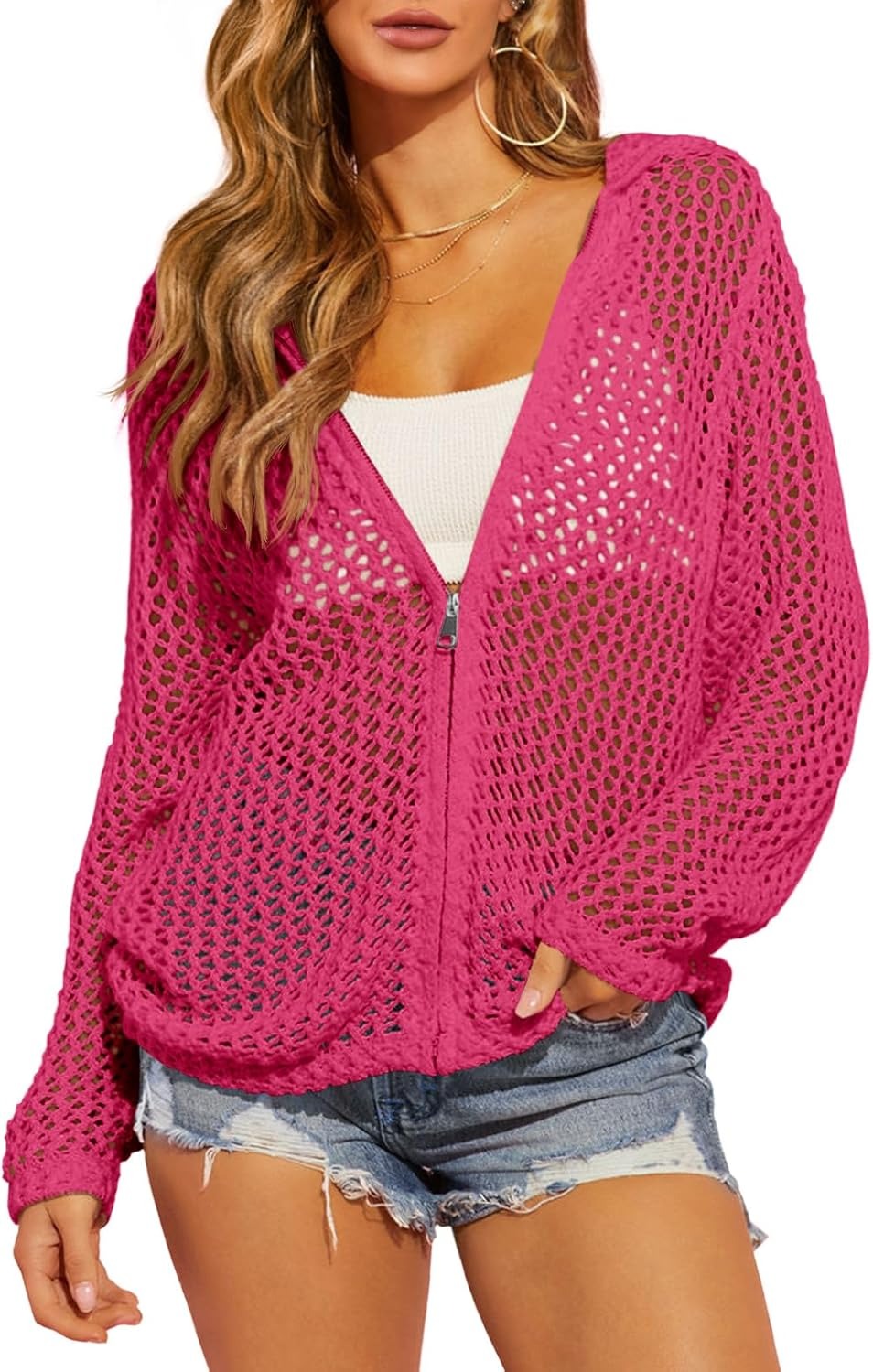 Women's Double-Zipper Crochet Hooded Cardigan | Lightweight Summer Knit Sweater