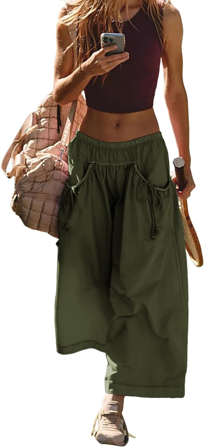 Women's Loose Wide Leg Track Pants Drawstring Pockets Elastic Waist Capri Hiking Pants