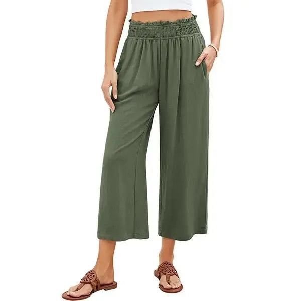 Linen Wide Leg Pants for Women - High Waisted Smocked Summer Beach Trousers