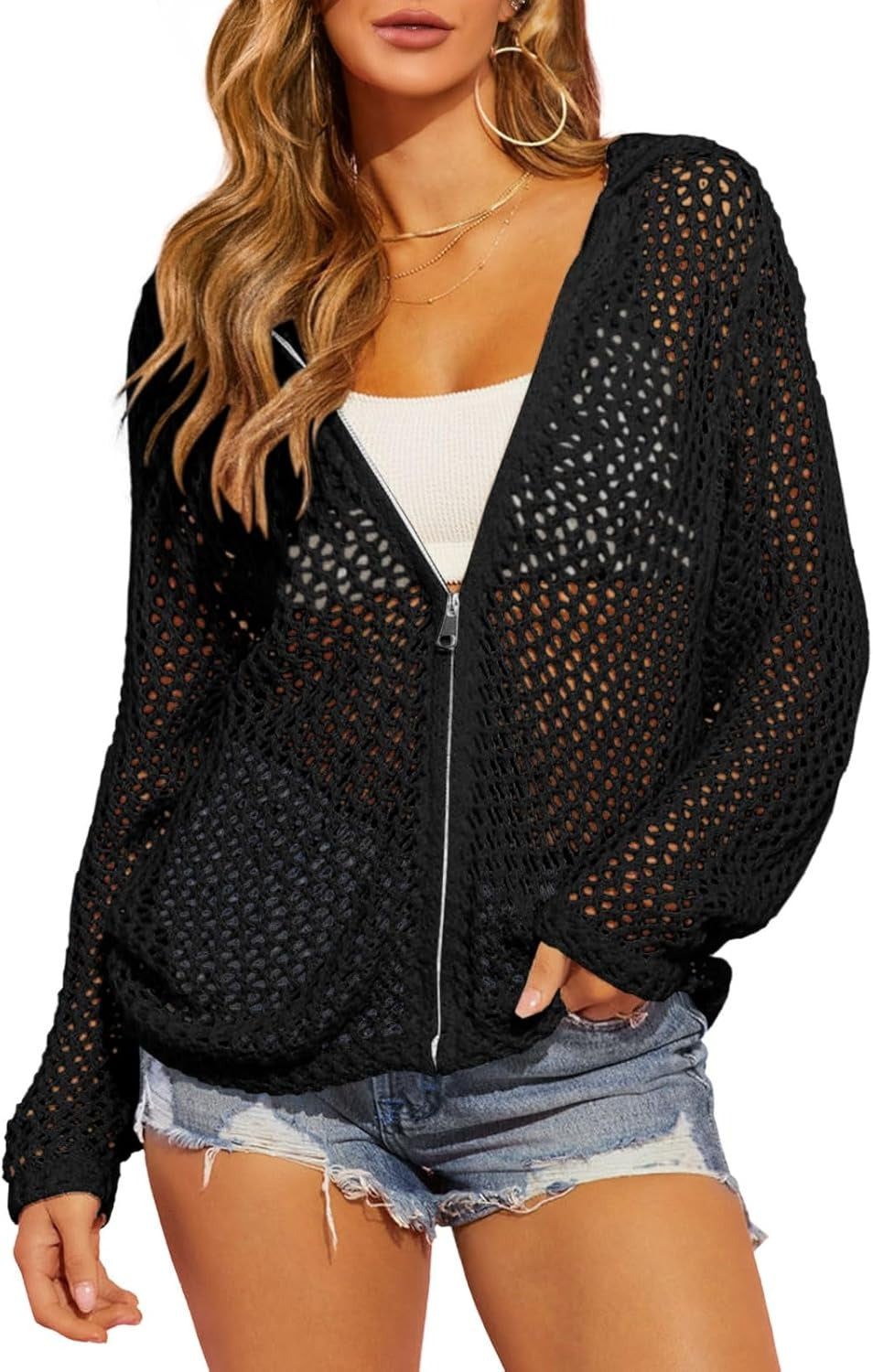 Women's Double-Zipper Crochet Hooded Cardigan | Lightweight Summer Knit Sweater