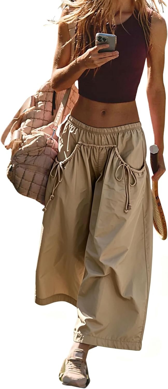 Women's Loose Wide Leg Track Pants Drawstring Pockets Elastic Waist Capri Hiking Pants