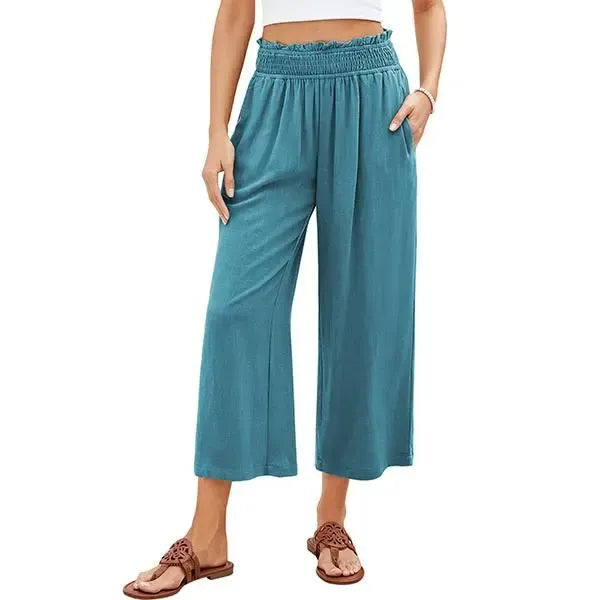 Linen Wide Leg Pants for Women - High Waisted Smocked Summer Beach Trousers