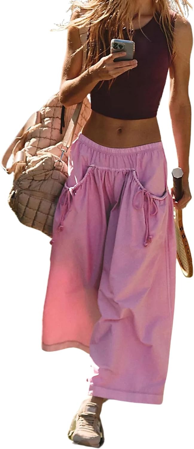 Women's Loose Wide Leg Track Pants Drawstring Pockets Elastic Waist Capri Hiking Pants