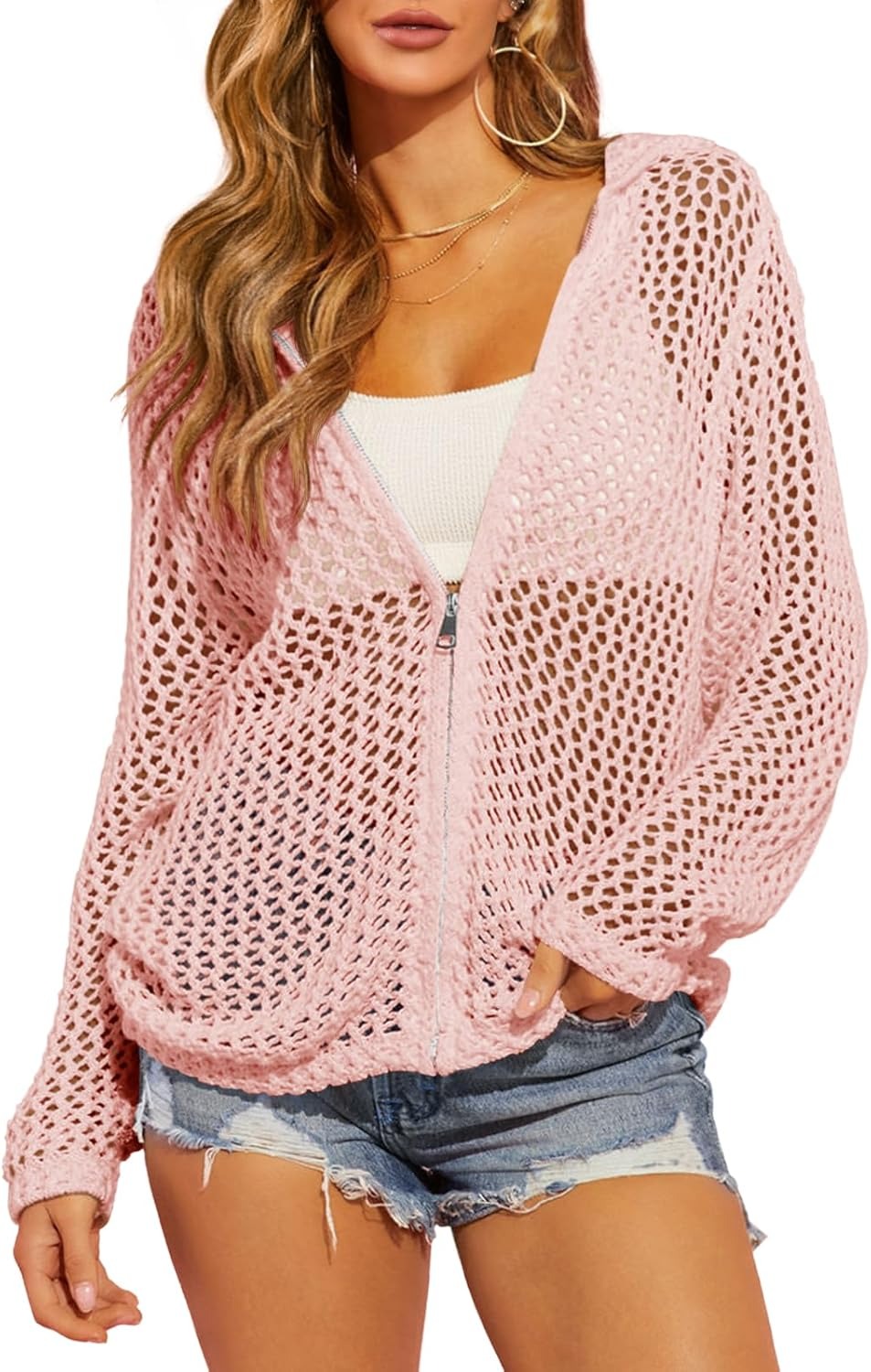 Women's Double-Zipper Crochet Hooded Cardigan | Lightweight Summer Knit Sweater