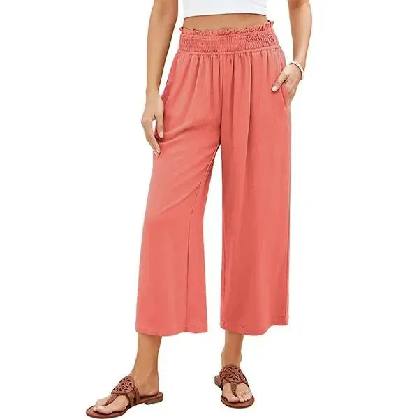 Linen Wide Leg Pants for Women - High Waisted Smocked Summer Beach Trousers