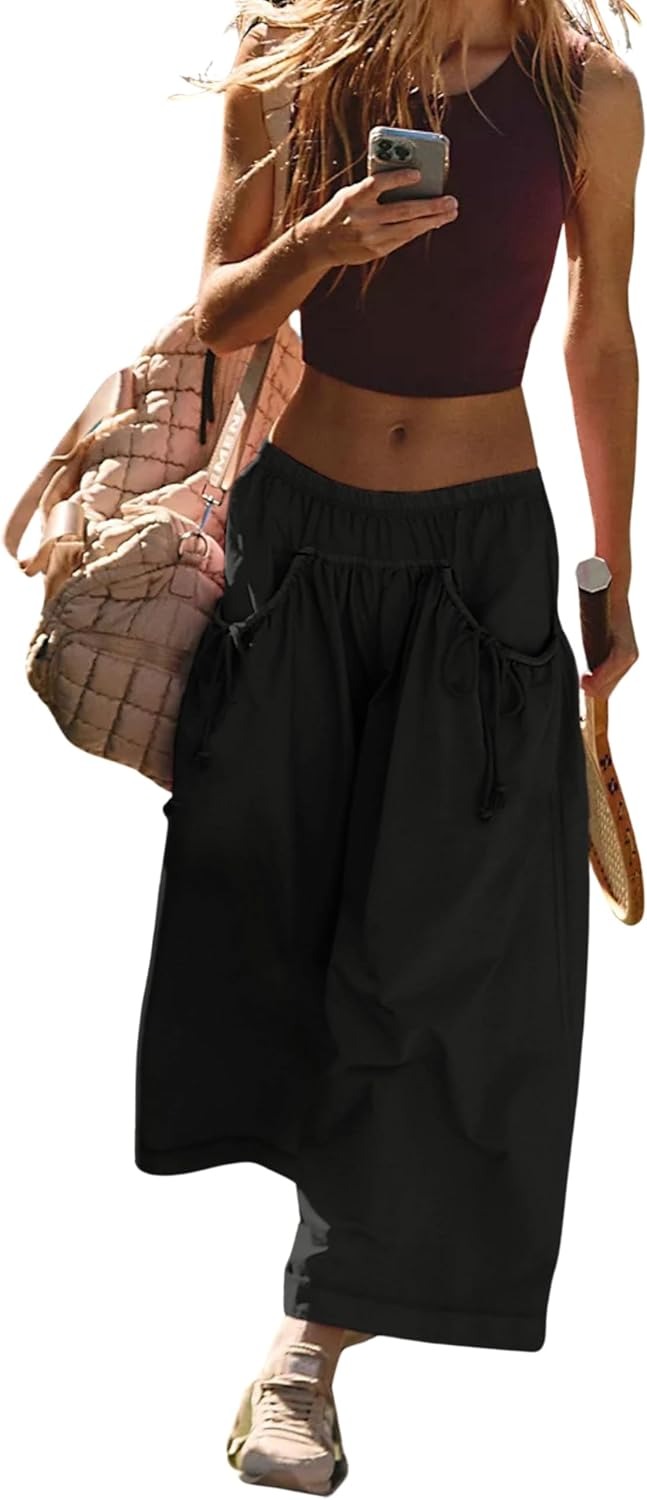 Women's Loose Wide Leg Track Pants Drawstring Pockets Elastic Waist Capri Hiking Pants