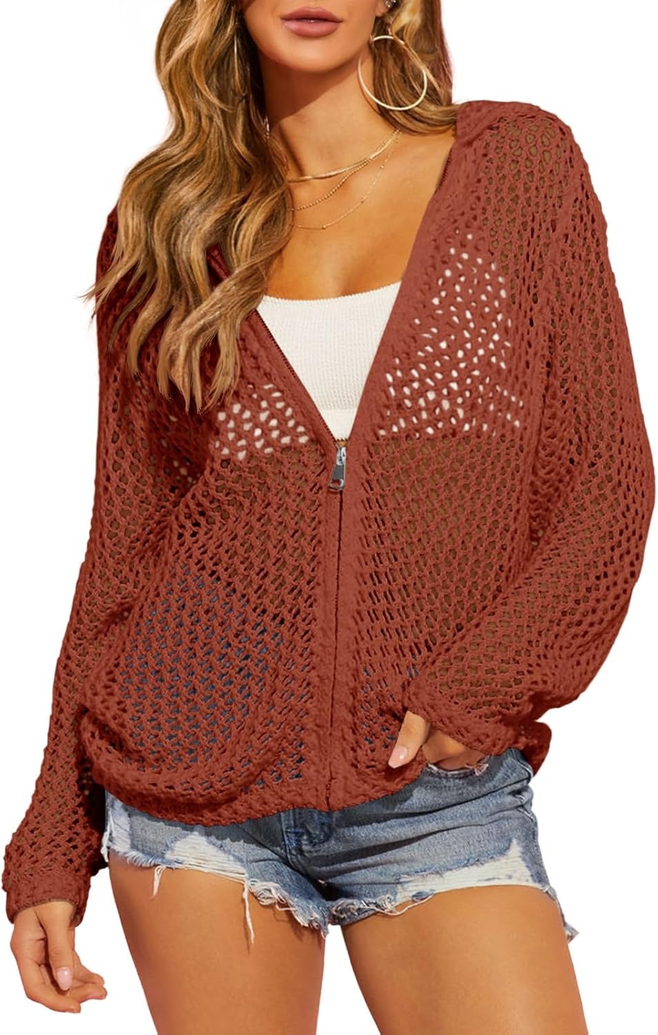 Women's Double-Zipper Crochet Hooded Cardigan | Lightweight Summer Knit Sweater