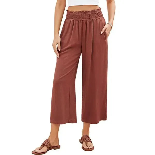 Linen Wide Leg Pants for Women - High Waisted Smocked Summer Beach Trousers