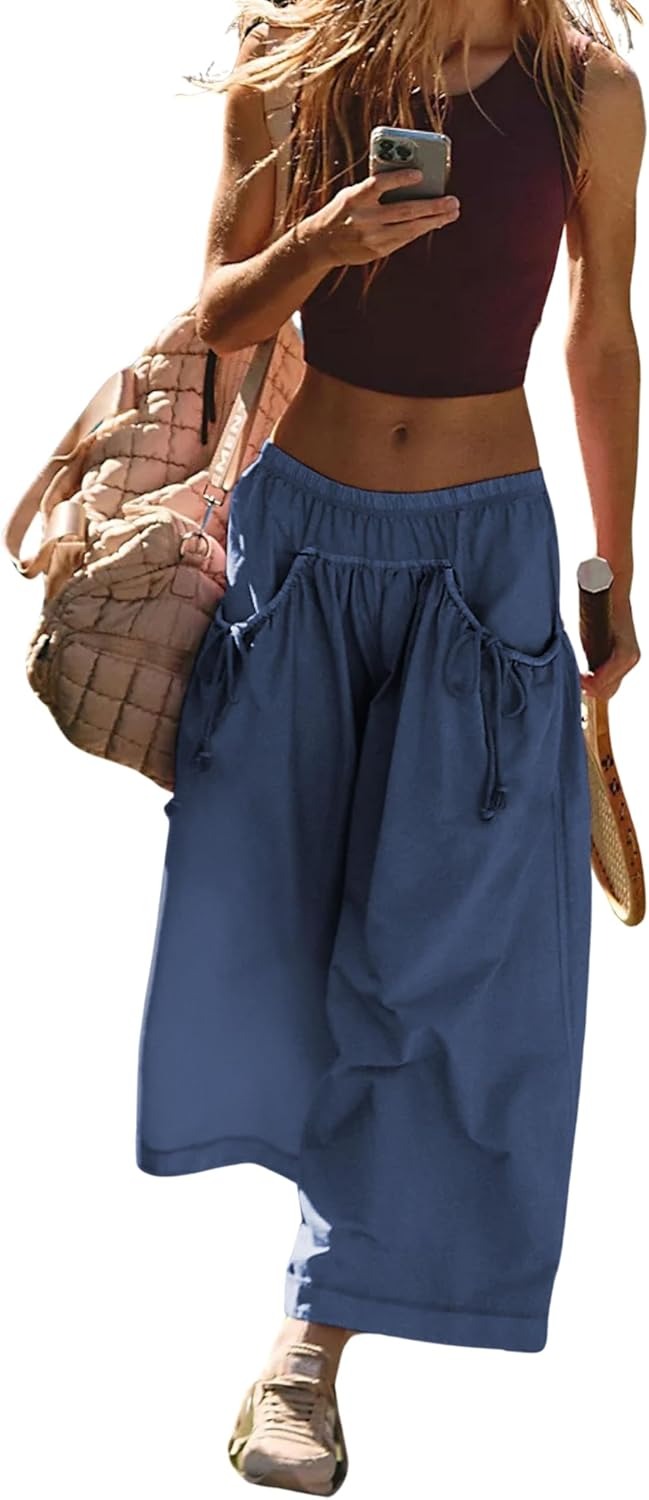 Women's Loose Wide Leg Track Pants Drawstring Pockets Elastic Waist Capri Hiking Pants