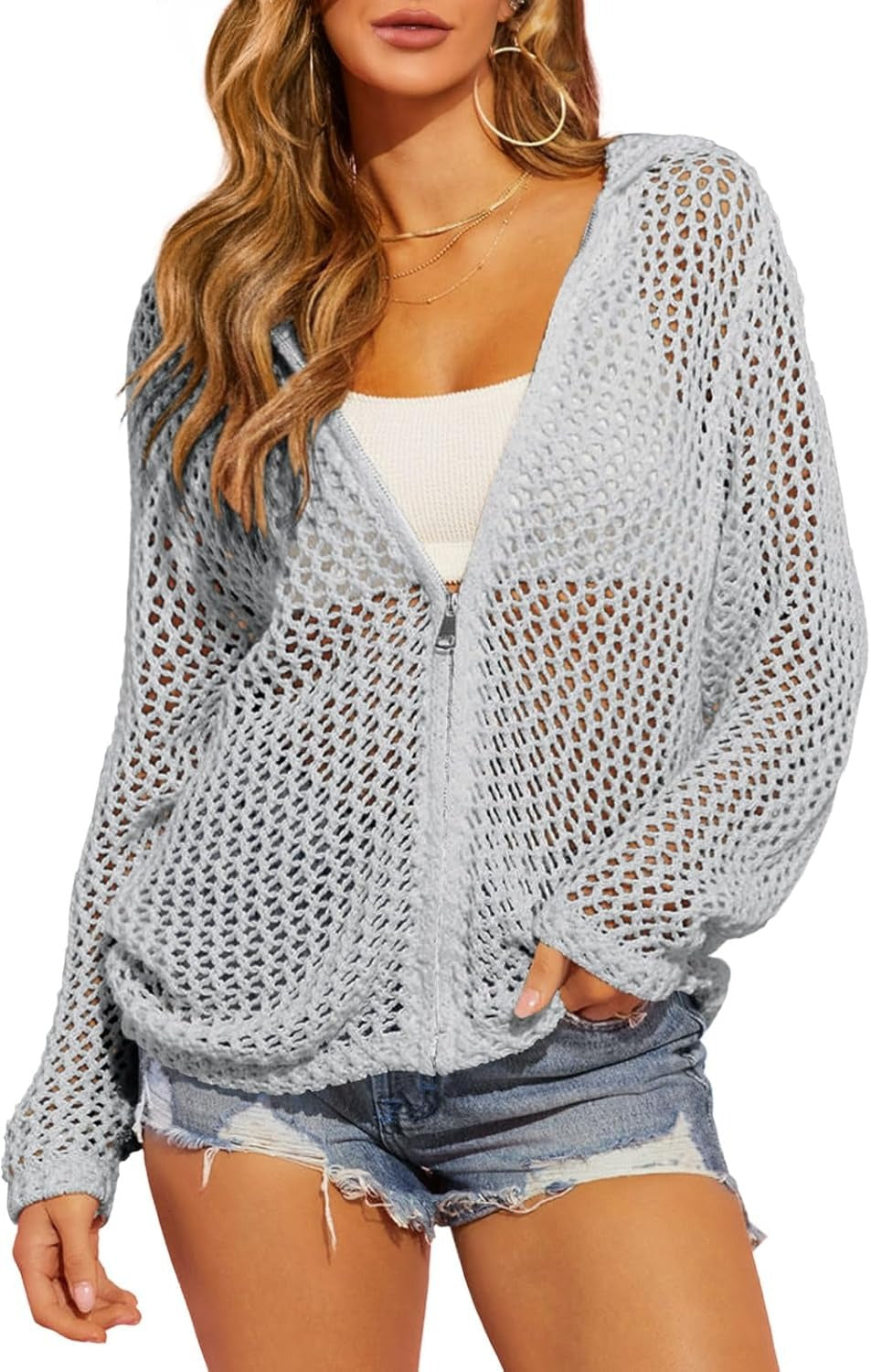 Women's Double-Zipper Crochet Hooded Cardigan | Lightweight Summer Knit Sweater