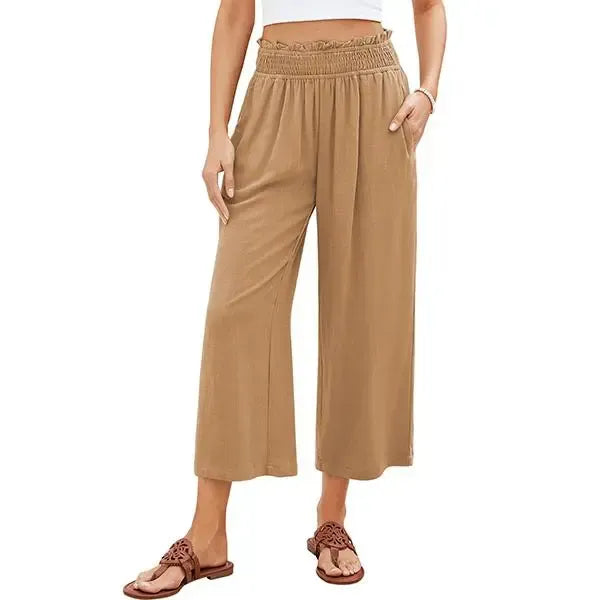 Linen Wide Leg Pants for Women - High Waisted Smocked Summer Beach Trousers