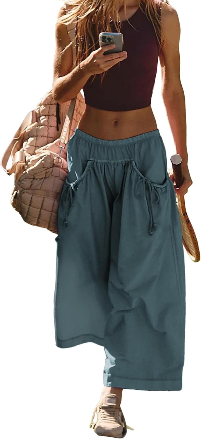 Women's Loose Wide Leg Track Pants Drawstring Pockets Elastic Waist Capri Hiking Pants