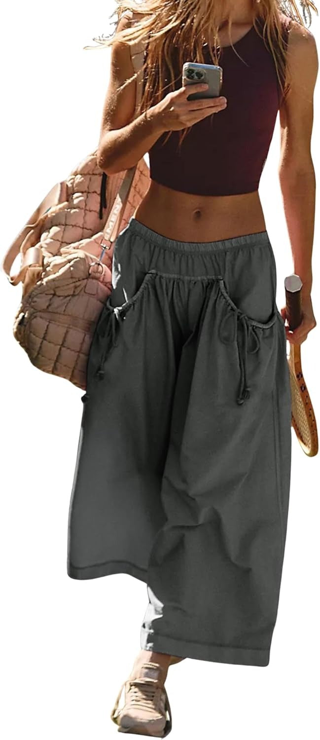 Women's Loose Wide Leg Track Pants Drawstring Pockets Elastic Waist Capri Hiking Pants