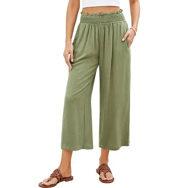 Linen Wide Leg Pants for Women - High Waisted Smocked Summer Beach Trousers