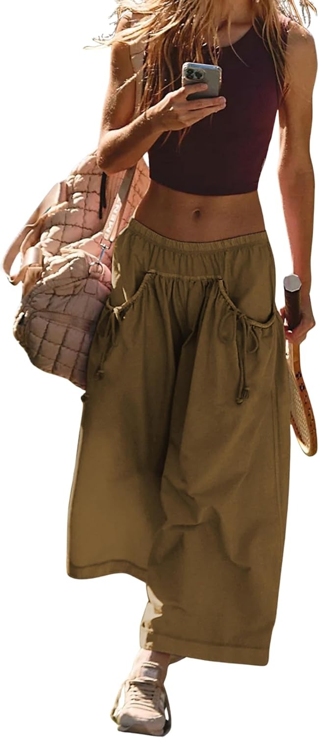 Women's Loose Wide Leg Track Pants Drawstring Pockets Elastic Waist Capri Hiking Pants