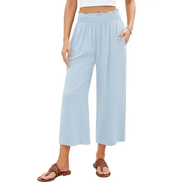Linen Wide Leg Pants for Women - High Waisted Smocked Summer Beach Trousers