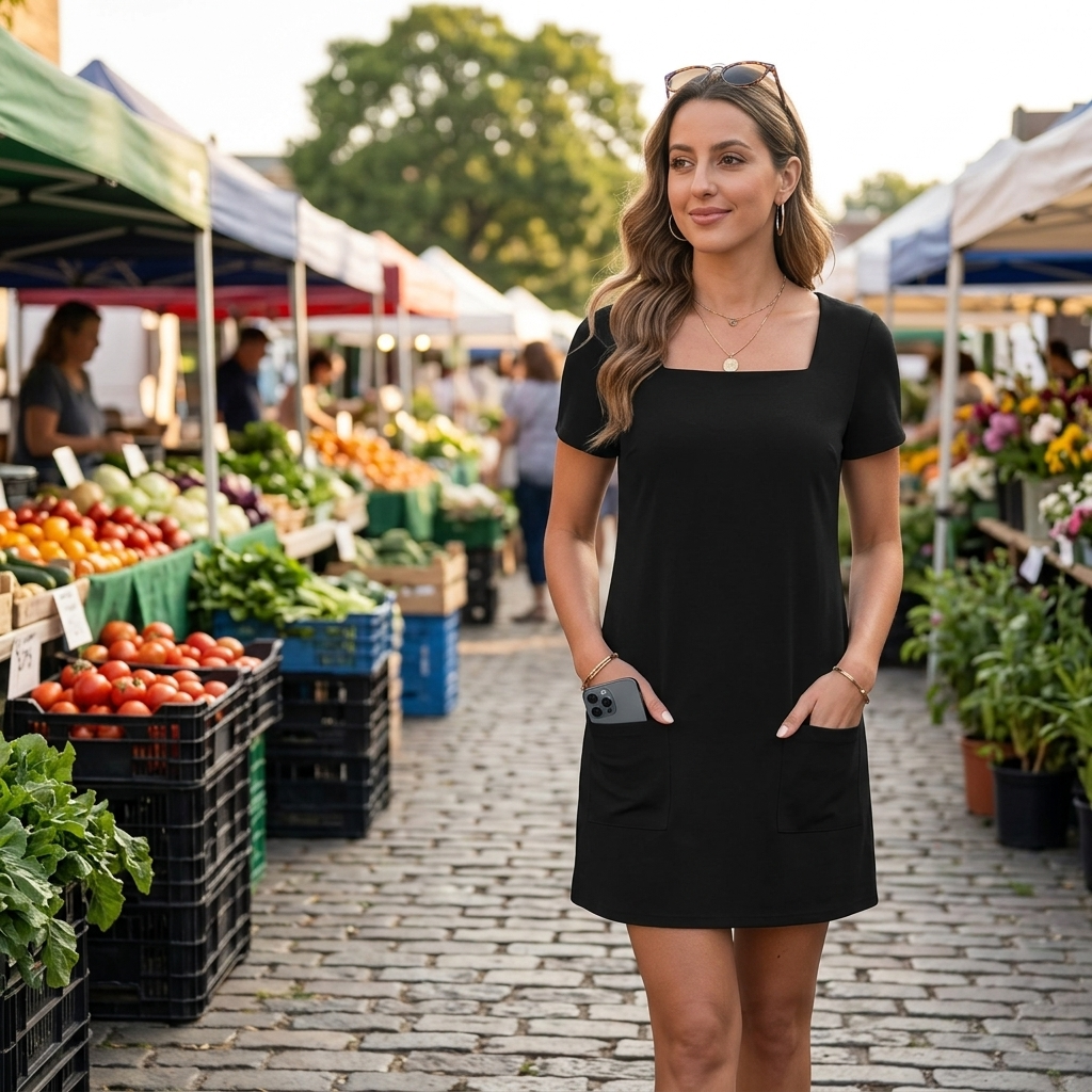 2026 Inclusive Fit Square Neck Align Dress | Flattering & Stretchy | Versatile Casual Mini Dress with Pockets